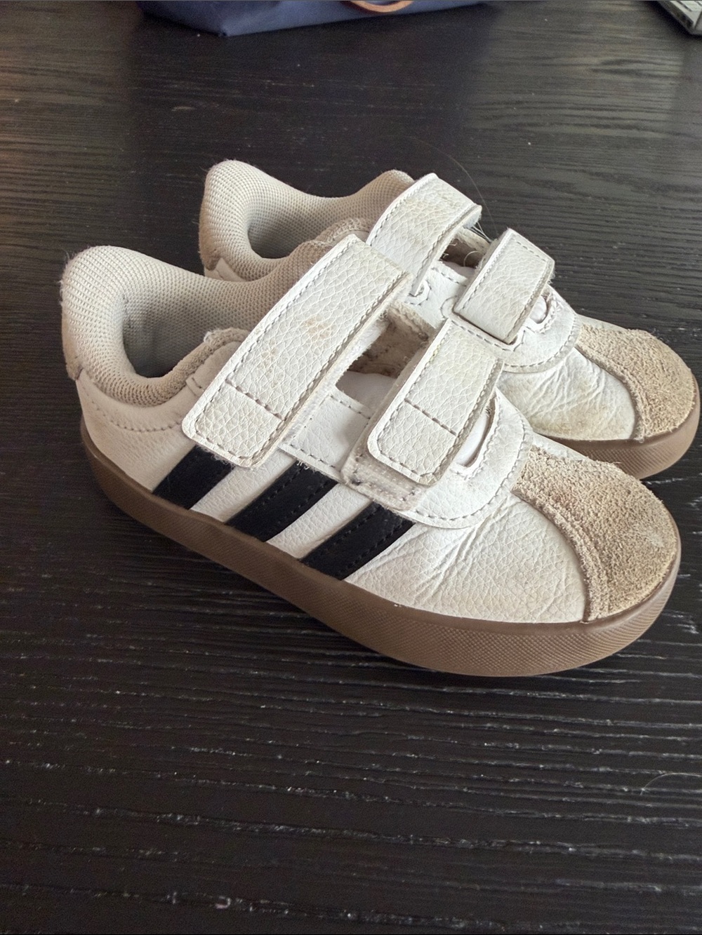 adidas Kids White and Tan Sneakers with Black Stripes
